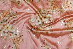  Peach Colour Soft Dupion Silk Digital Print With Sequence Work in India