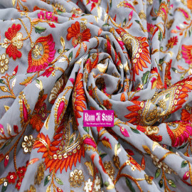  Grey Colour Georgette Embroidery Kashmiri Jaal Fabrics in Srinagar