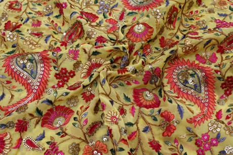 Mustard Yellow Colour Georgette Embroidery Kashmiri Jaal Fabrics 