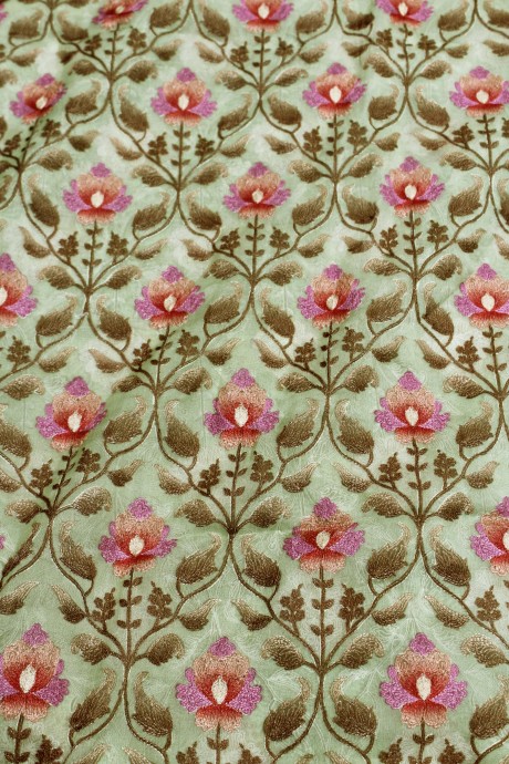 PISTA GREEN COLOUR VISCOSE SOFT ORGANZA KASHMIRI EMBROIDERY JAAL